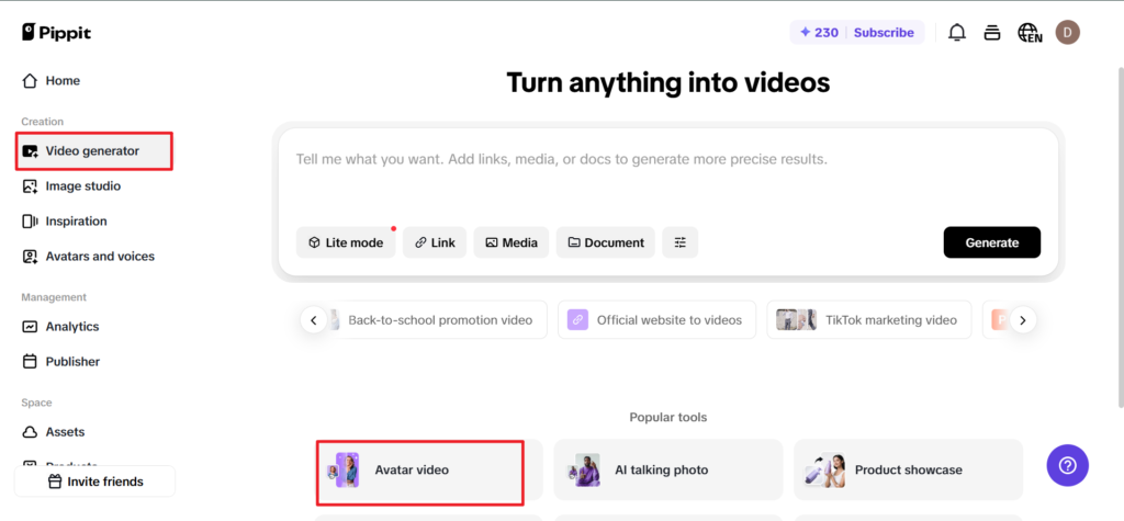 Visit the video generator and choose avatars