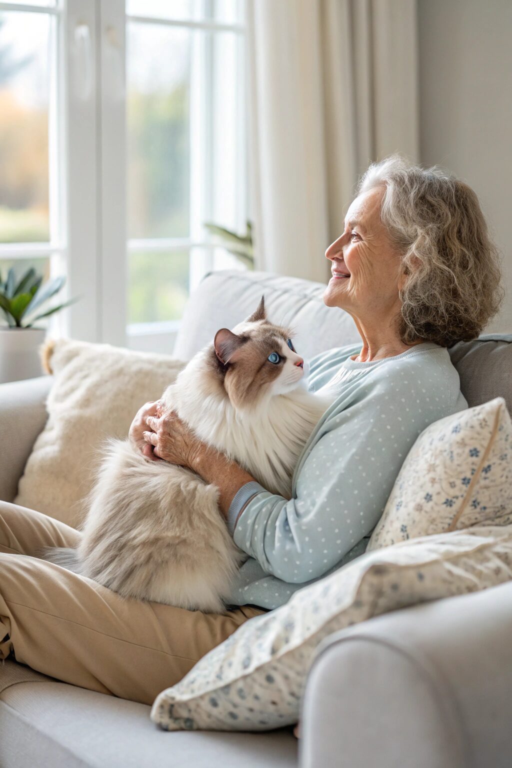 Senior woman cuddling a relaxed Ragdoll cat with soft fur and blue eyes, showing calm companionship.