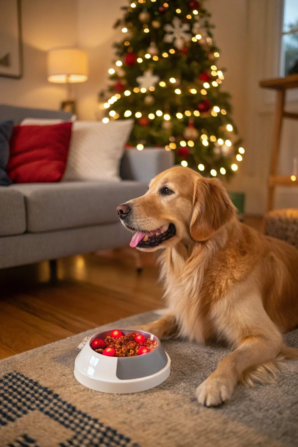 Golden retriever playing with a smart puzzle dispenser, trendy dog Christmas gift.