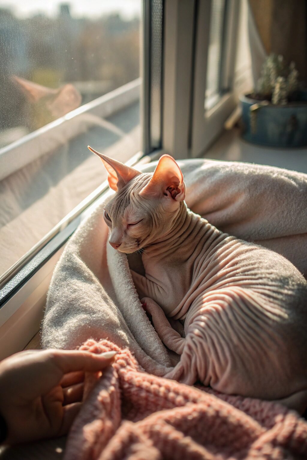 Hairless Sphynx cat with wrinkled skin and large ears, cuddling under a blanket for warmth, affectionate and playful in nature.