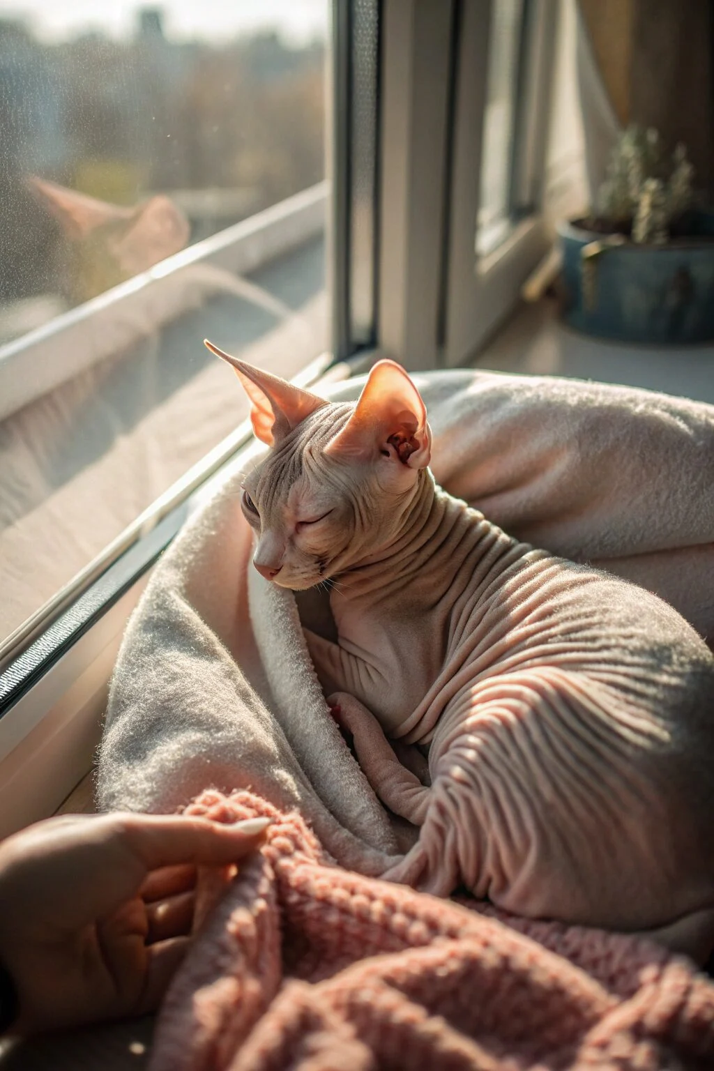 Hairless Sphynx cat with wrinkled skin and large ears, cuddling under a blanket for warmth, affectionate and playful in nature.