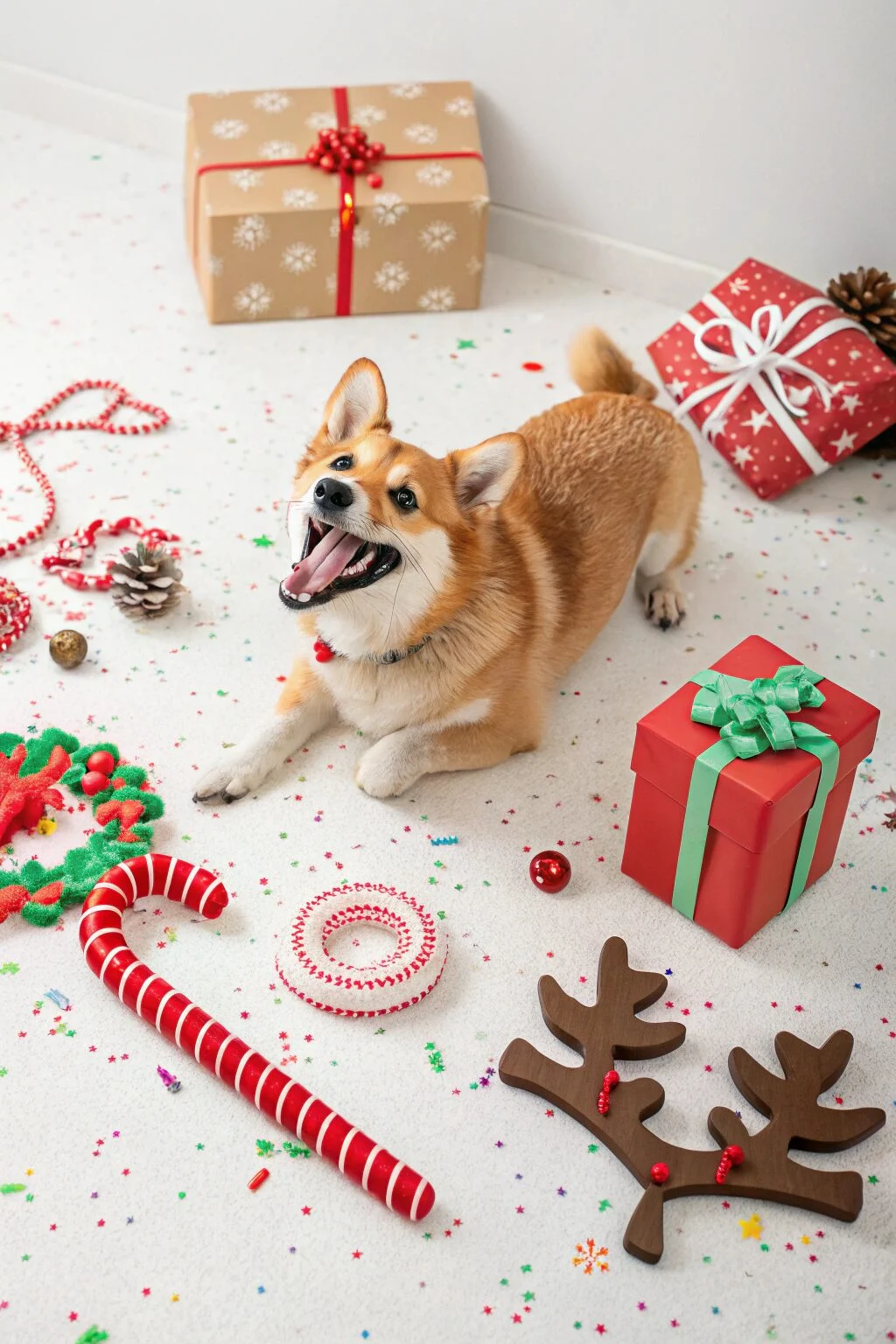 Dog playing with Christmas-themed chew toys shaped like candy canes
