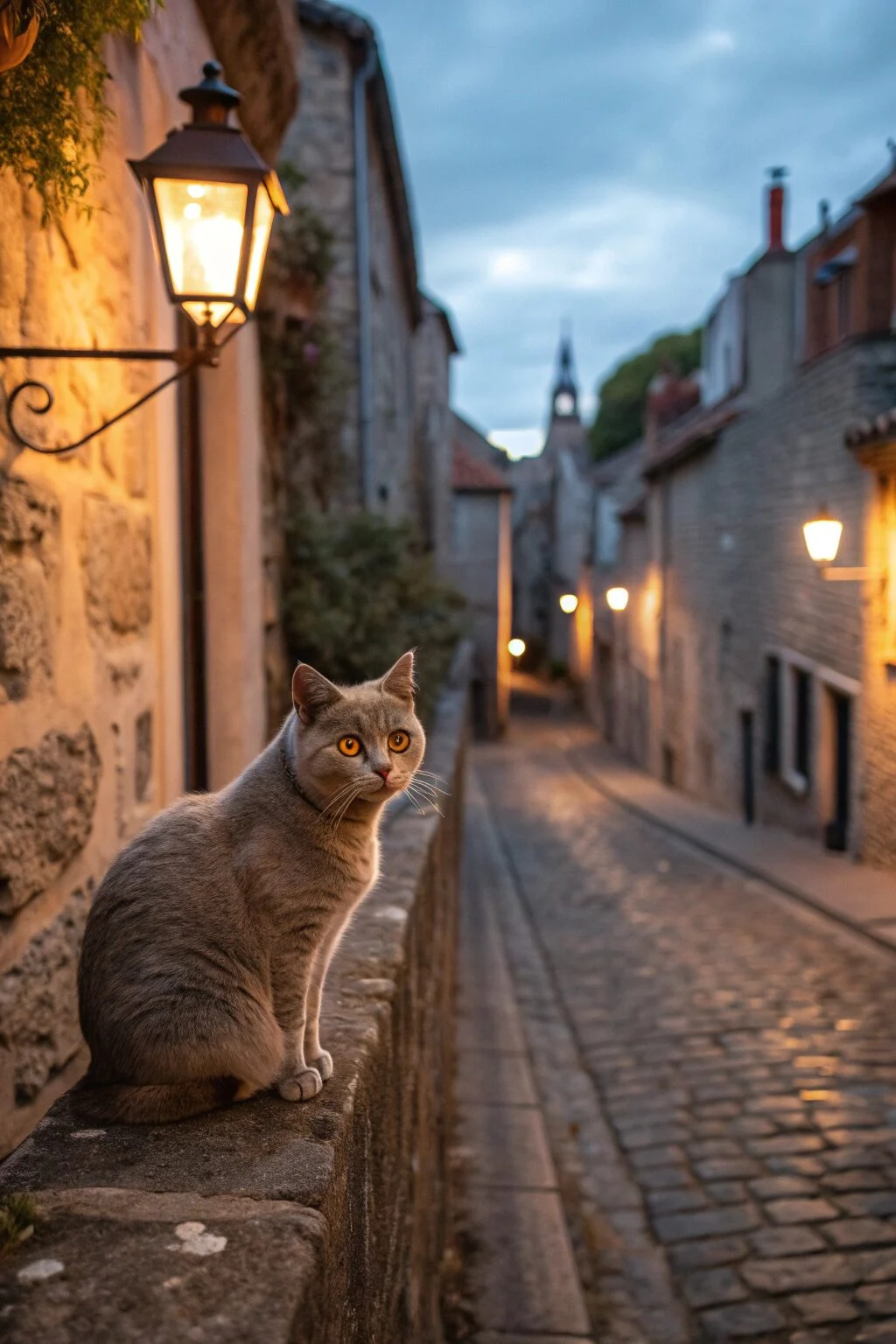 Scottish Straight cat with upright ears and round eyes, sitting on a stone wall, affectionate and friendly personality.
