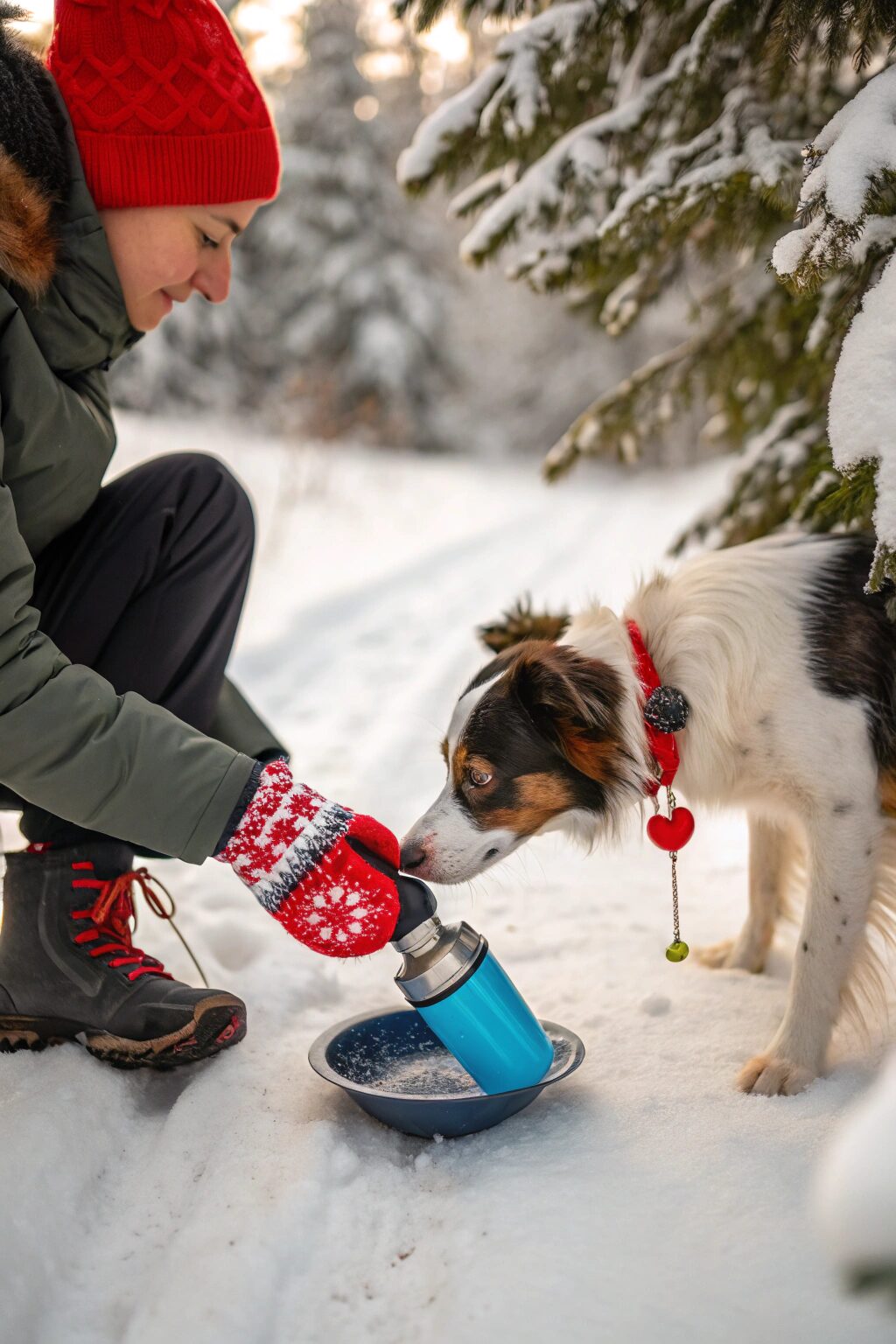 Dog drinking from collapsible travel water bottle during snowy walk
