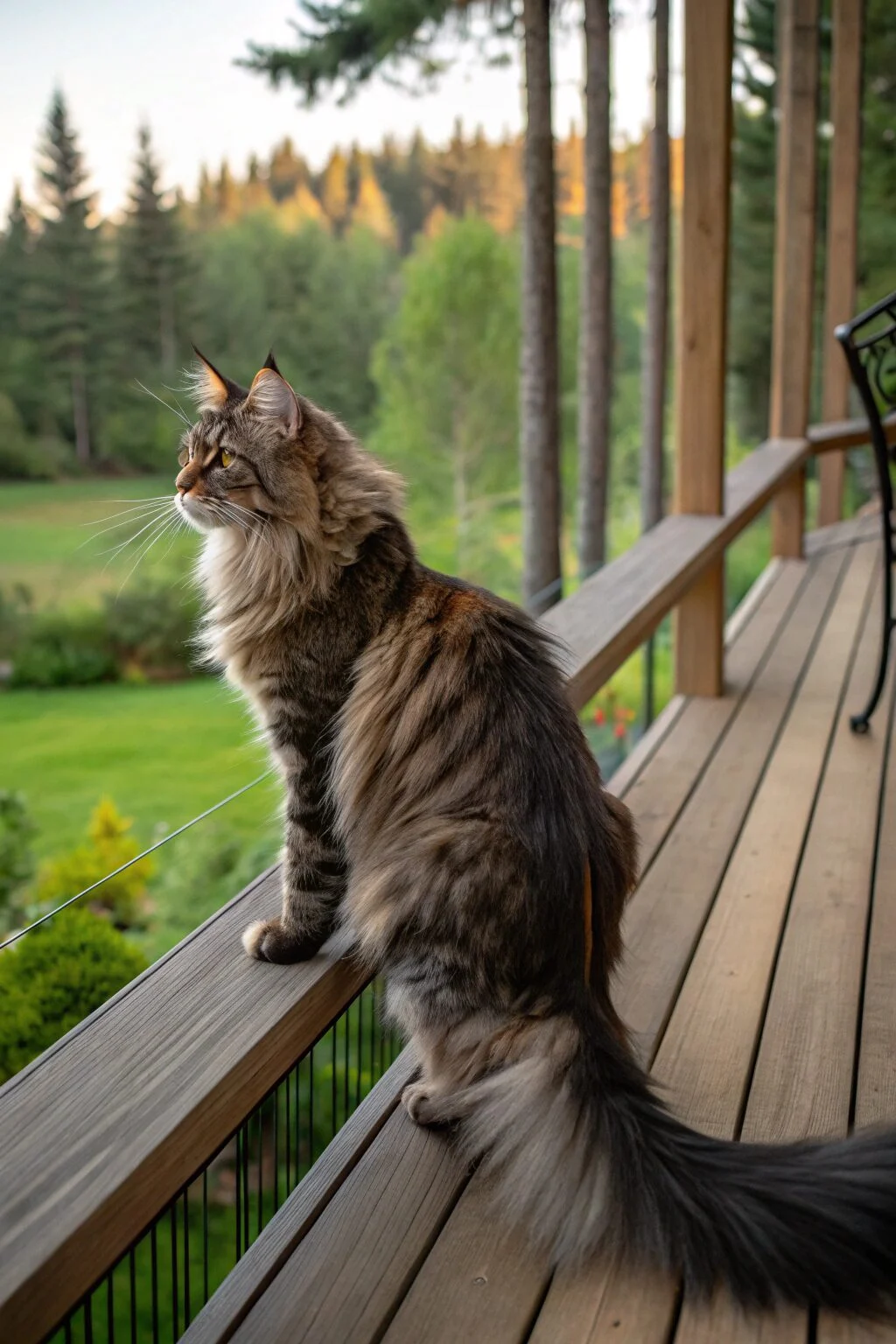 Large Maine Coon cat with tufted ears and bushy tail, sitting proudly outdoors, playful and gentle giant companion.
