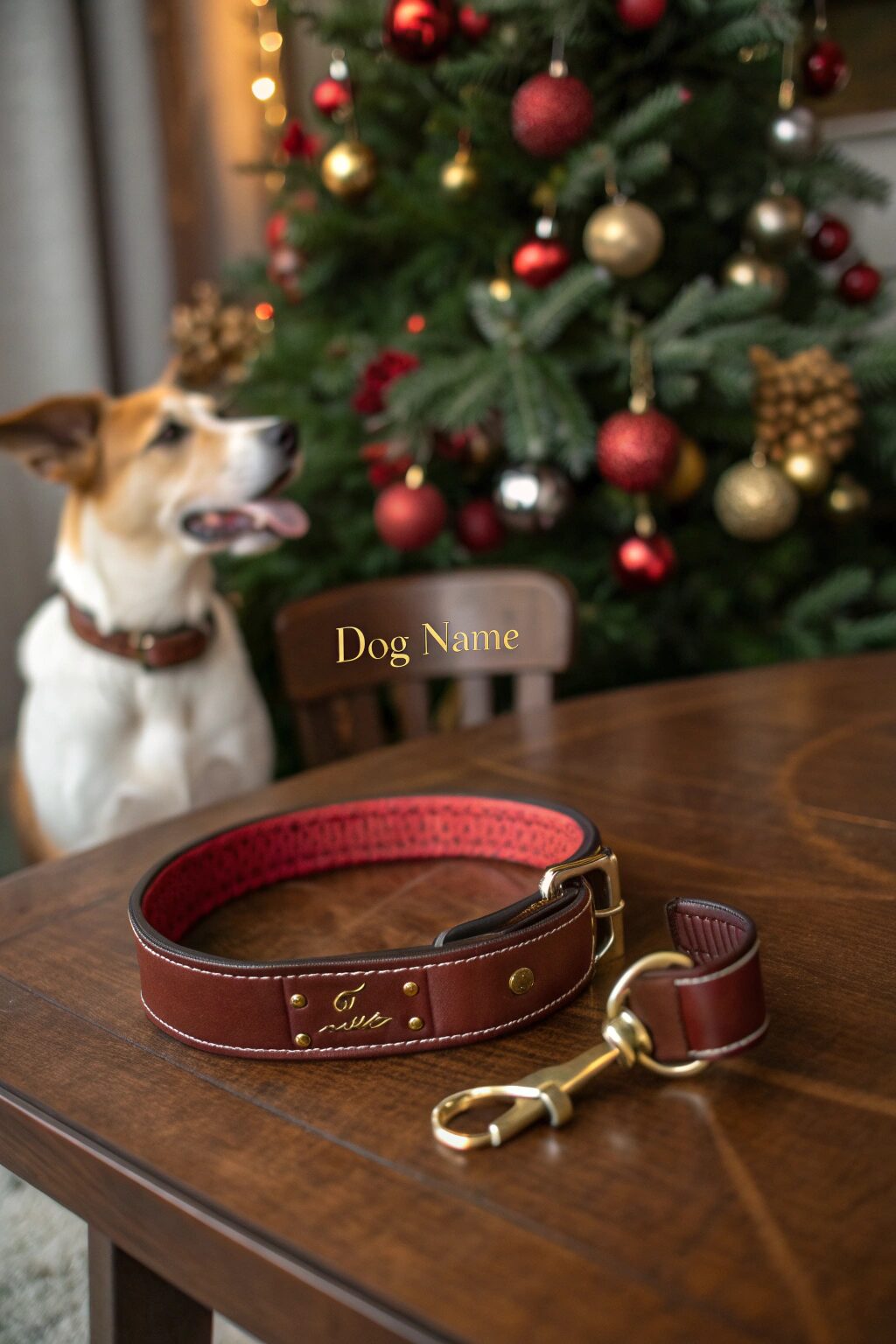 Engraved leather collar and leash set beside Christmas decorations, trendy dog Christmas gift.