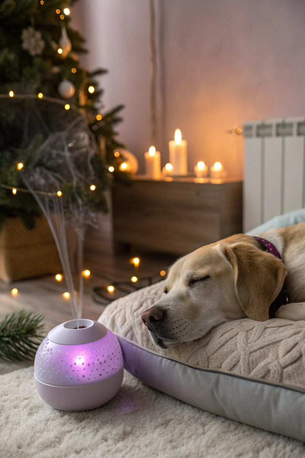 Dog sleeping peacefully on lavender-infused aromatherapy bed, trendy dog Christmas gift.