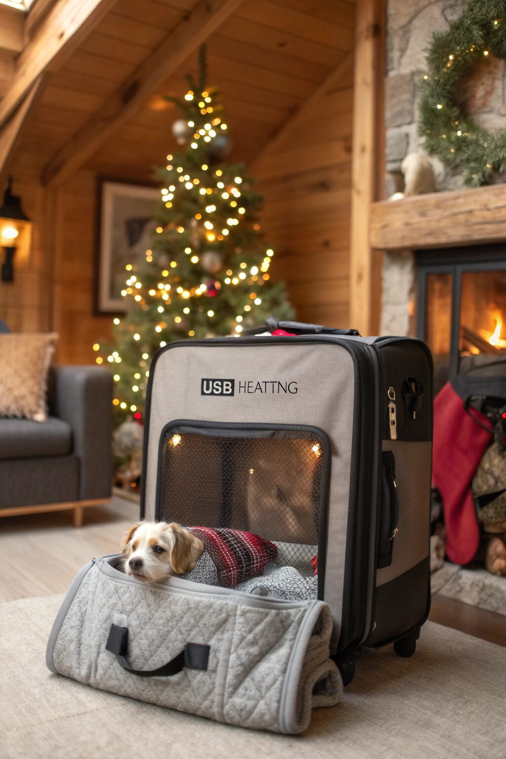 Dog resting inside stylish travel carrier with holiday lights around.
