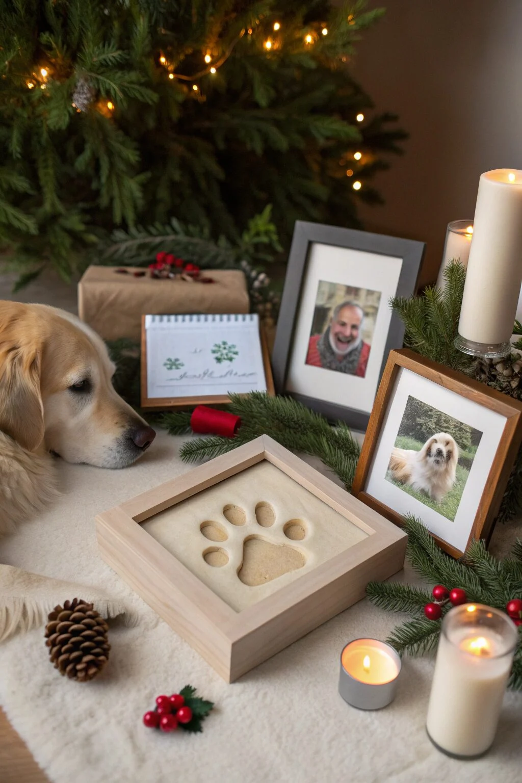 Dog memory keepsake gift set with paw print mold and photos.