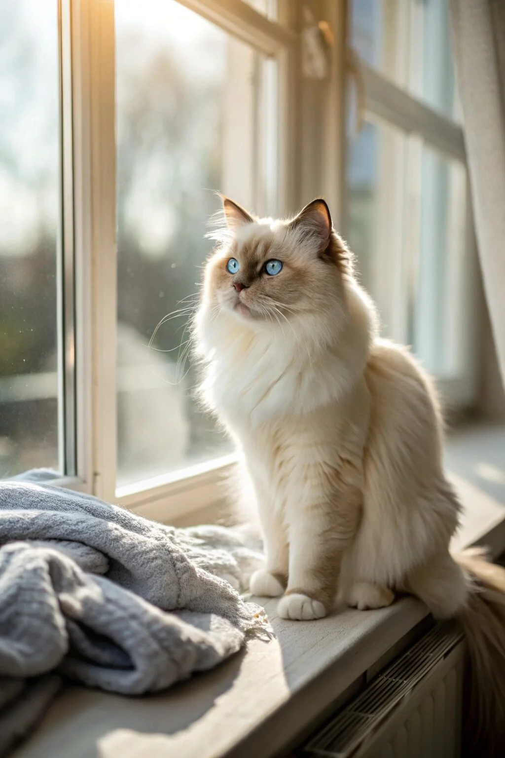 Birman cat with silky cream fur and dark points, blue eyes, and white “gloves,” sitting calmly and showing a gentle, affectionate personality.