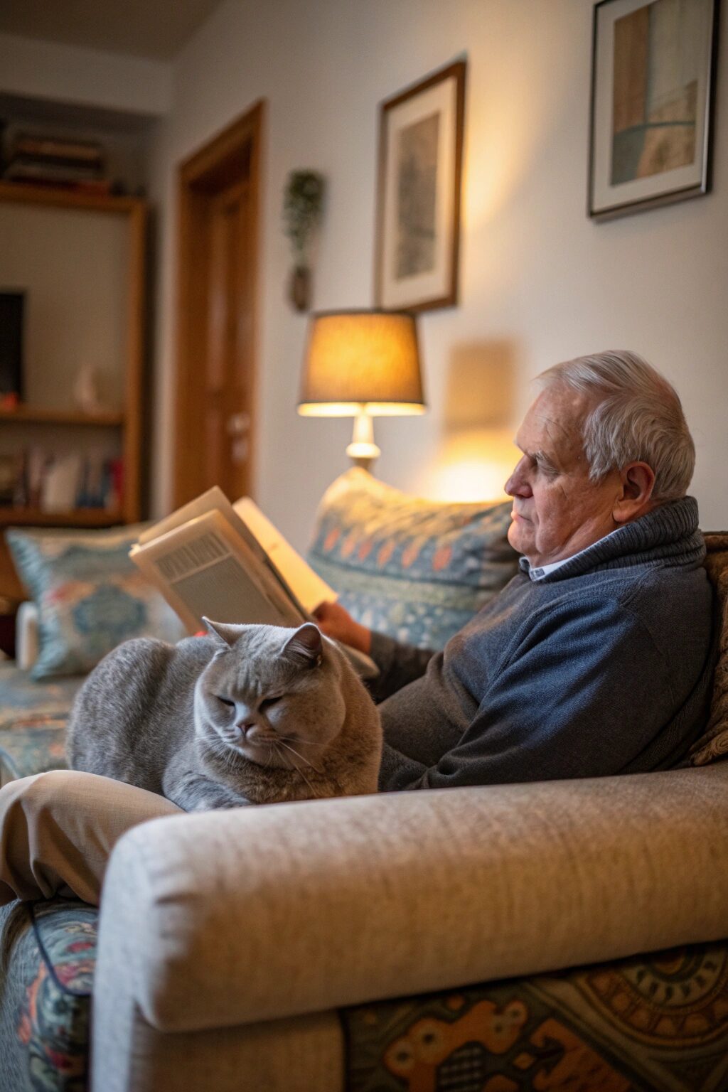 Senior man reading beside a calm British Shorthair cat with plush blue-gray fur.