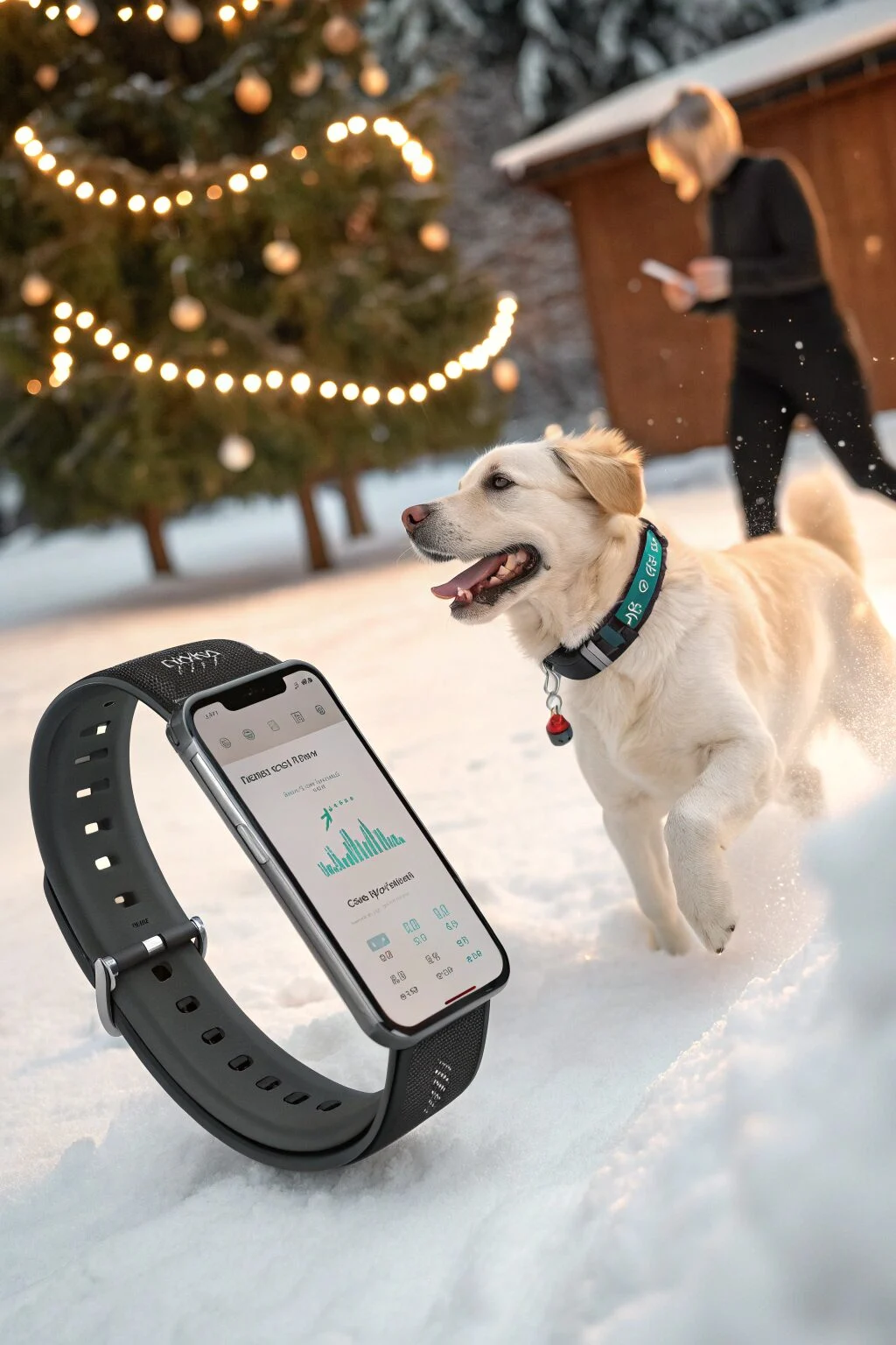 Dog wearing a smart health tracker collar during winter walk, trendy dog Christmas gift.