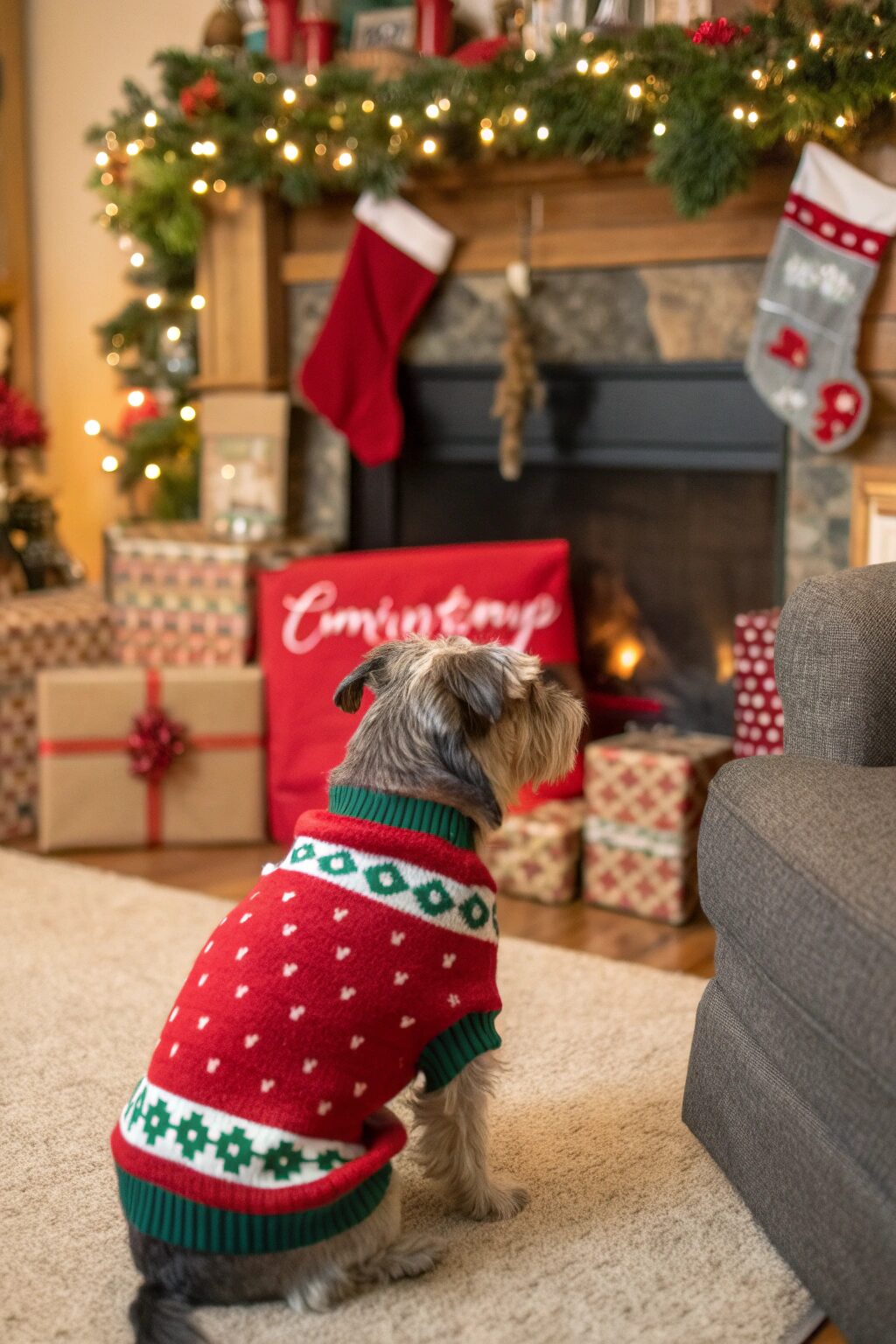 Small dog in personalized Christmas sweater beside holiday decorations, trendy dog Christmas gift.