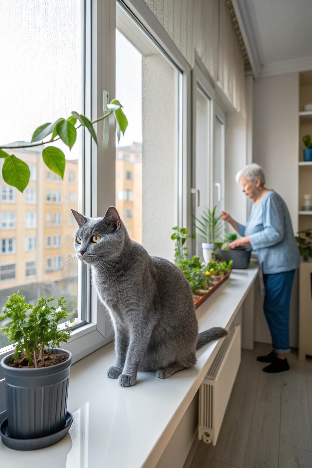 Russian Blue cat with silver-blue fur sitting by a window in a peaceful home.