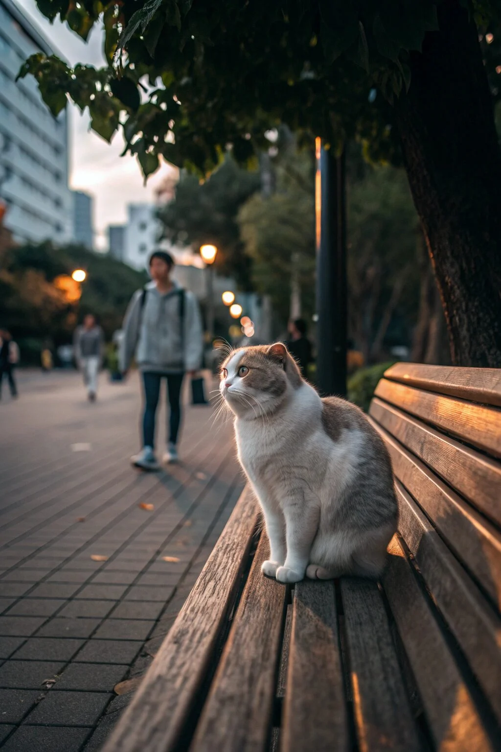 Scottish Fold cat with round face and folded ears, soft dense coat, sitting indoors with a loving and sociable expression.