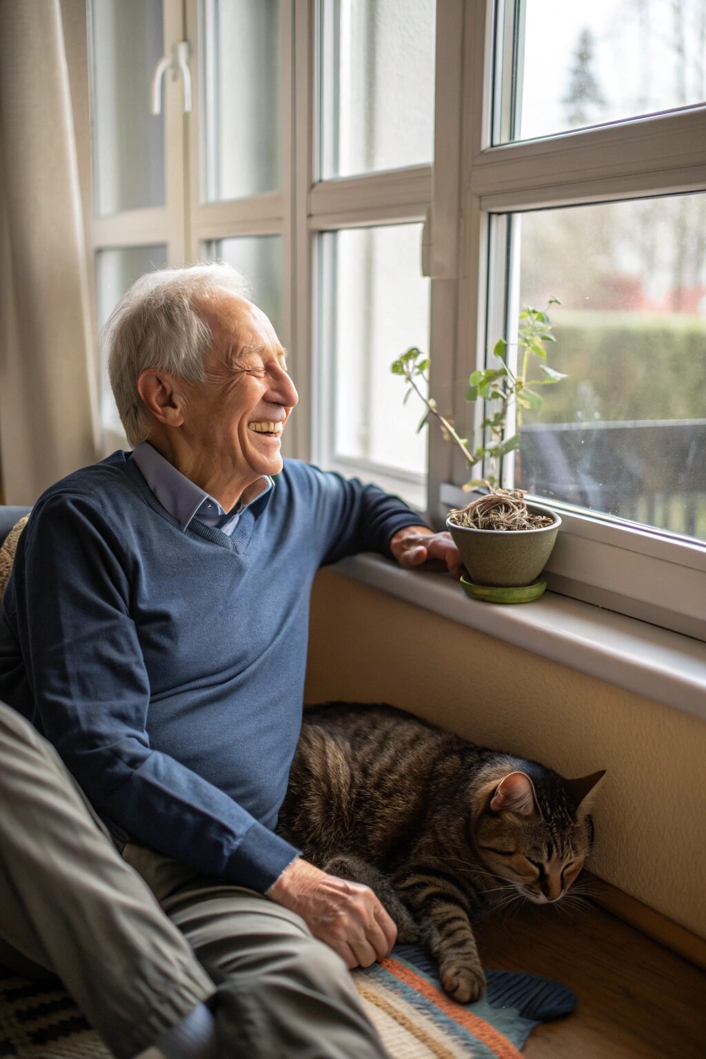 Friendly American Shorthair cat resting beside senior owner in a cozy, sunlit room.
