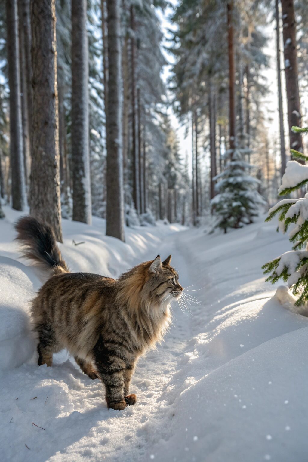 Fluffy Siberian cat with a long triple-layer coat and tabby markings, sitting outdoors in a snowy forest, friendly and family-oriented.