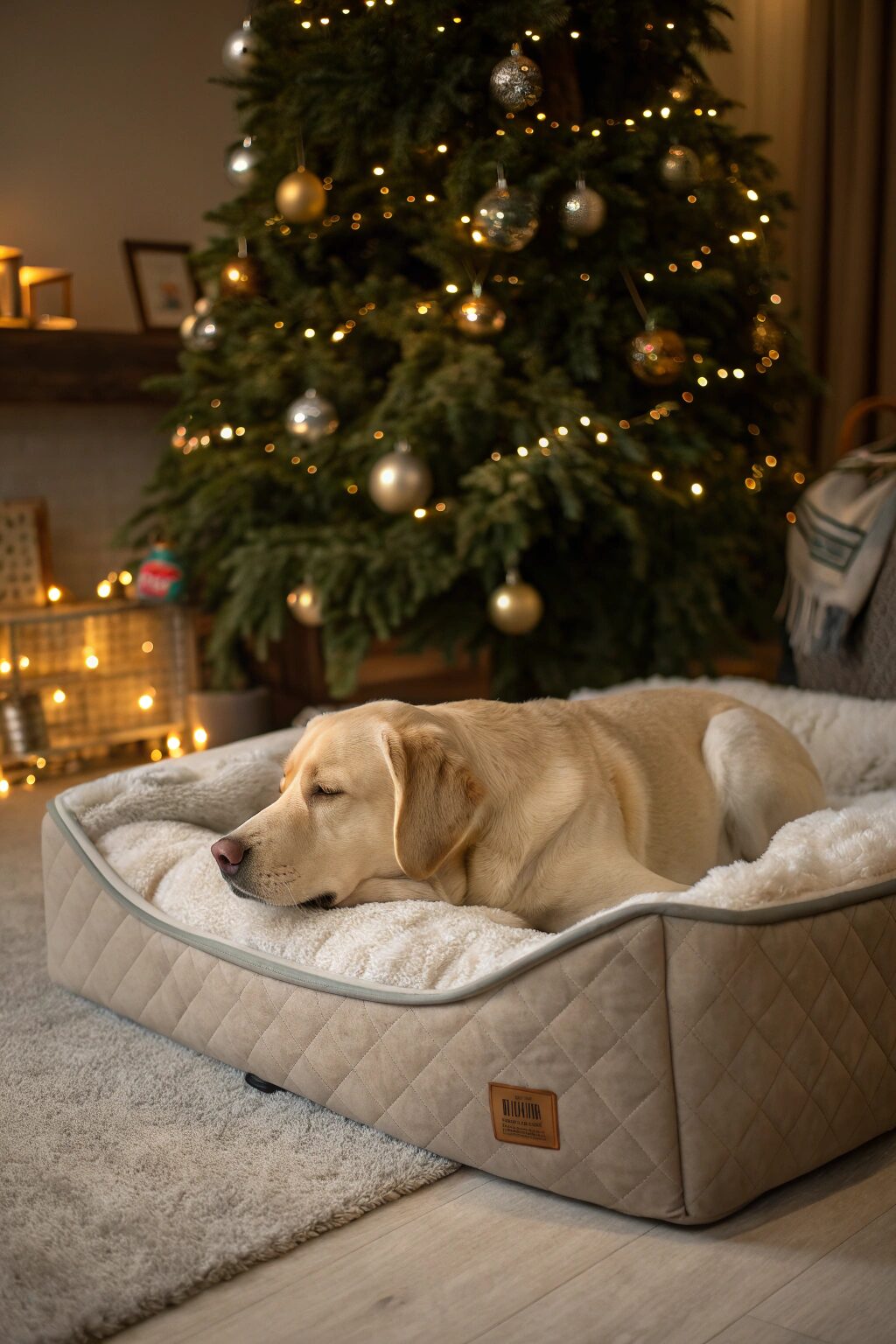 Labrador resting on temperature-regulating bed near Christmas tree, trendy dog Christmas gift.