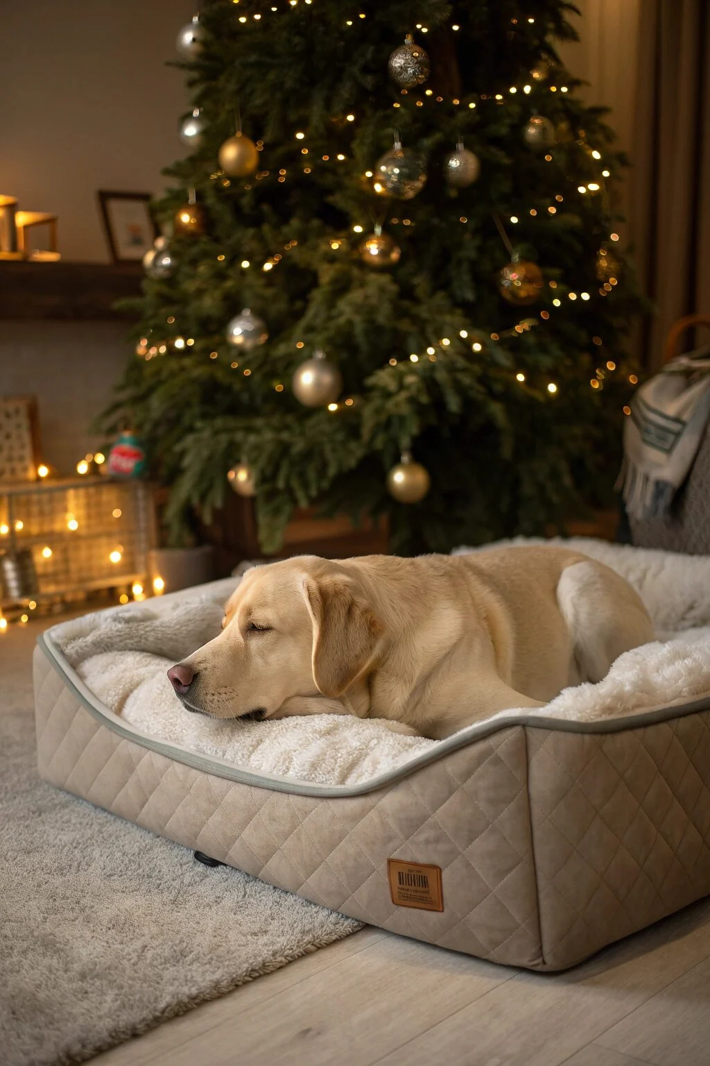 Labrador resting on temperature-regulating bed near Christmas tree, trendy dog Christmas gift.