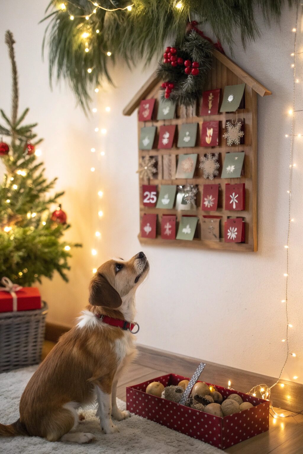 Dog sitting beside advent calendar filled with treats and toys, trendy dog Christmas gift.
