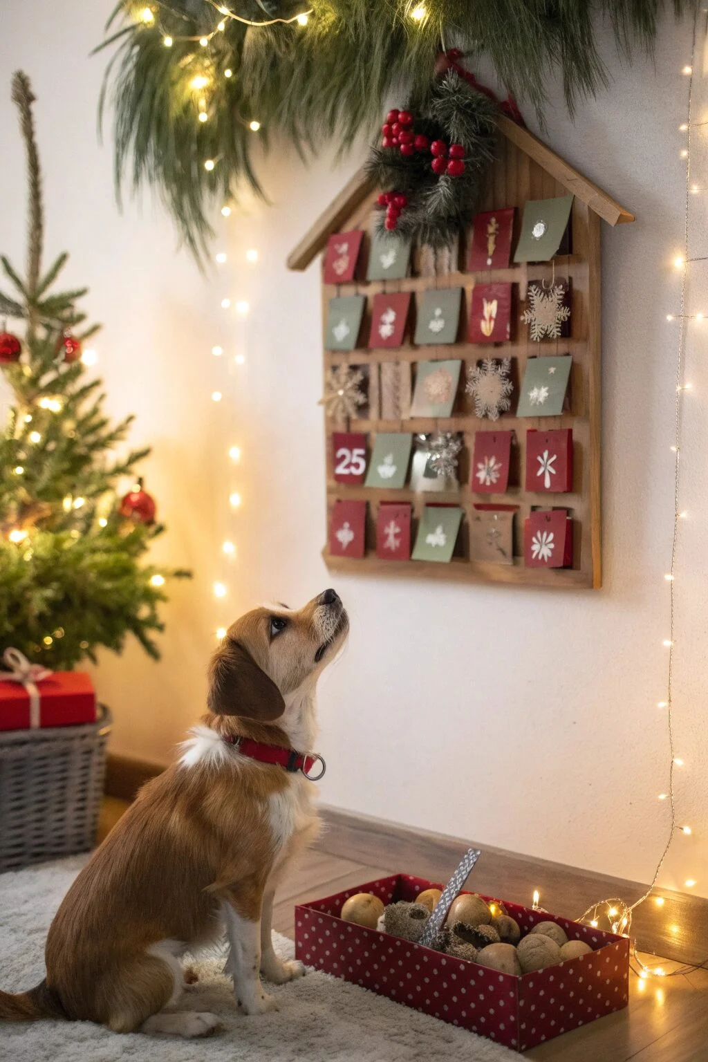 Dog sitting beside advent calendar filled with treats and toys, trendy dog Christmas gift.
