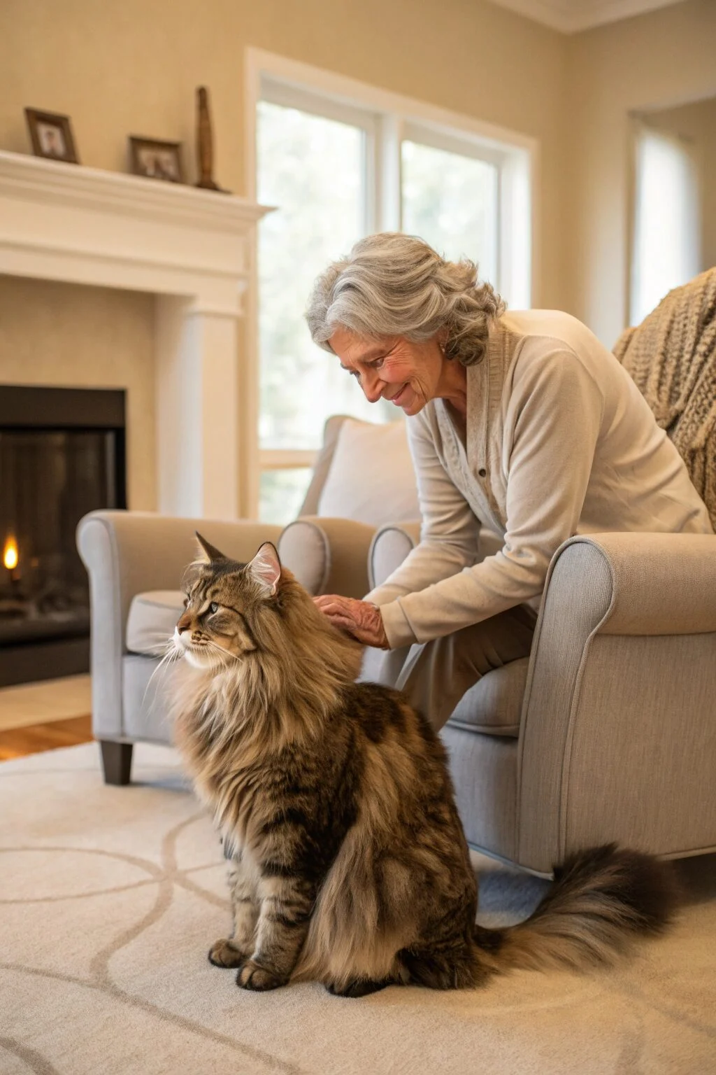 Senior woman grooming a large Maine Coon cat with long fur and tufted ears in a cozy room.