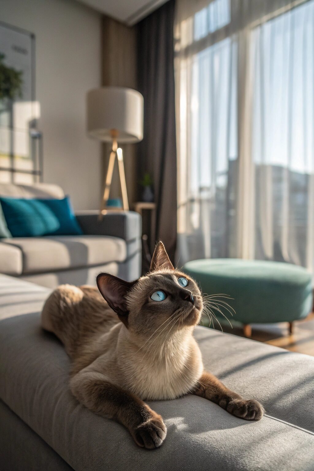 Playful Tonkinese cat with sleek champagne-colored fur and aqua eyes, relaxing on a sofa, affectionate and energetic companion.