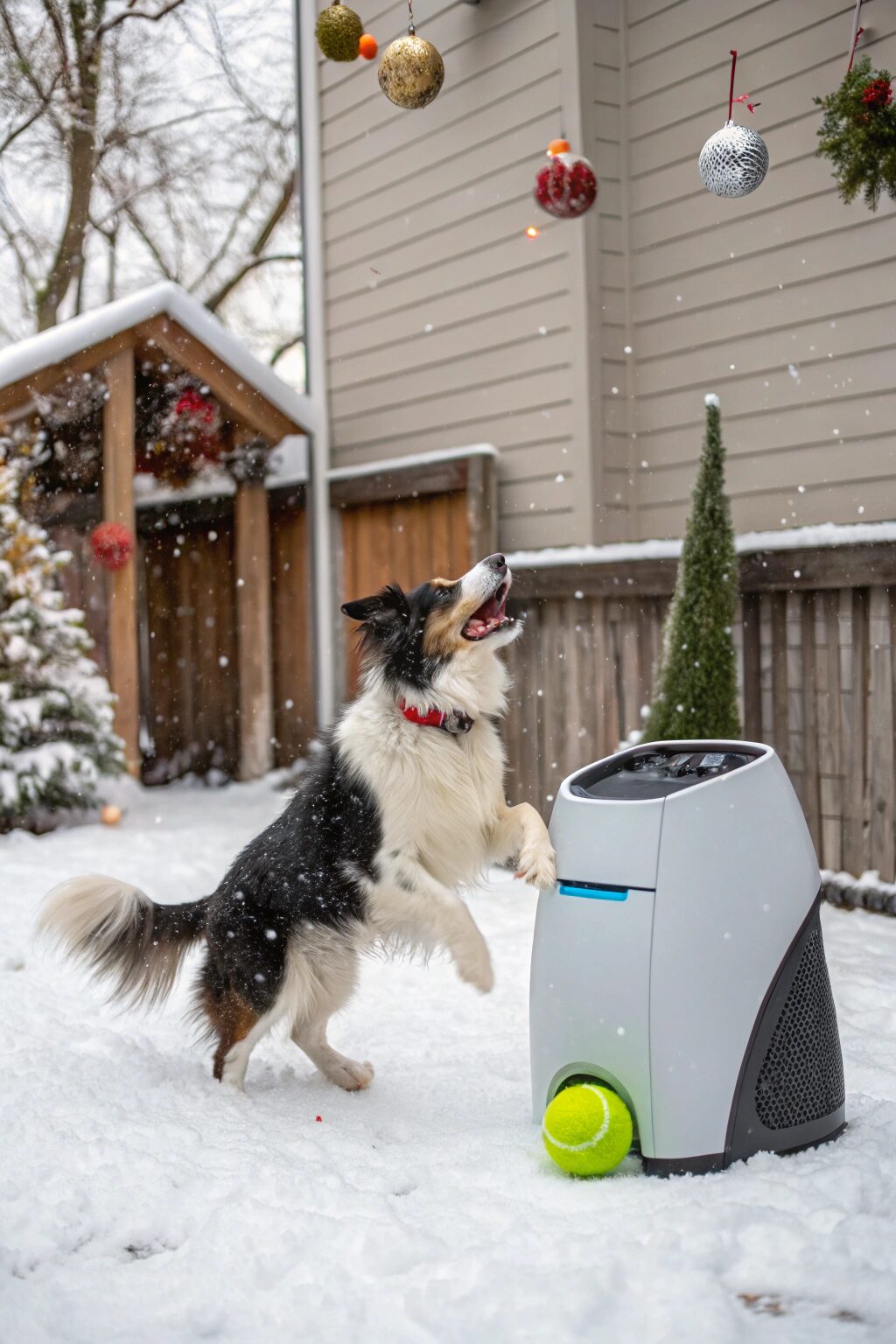 Energetic dog fetching ball from automatic launcher in snowy yard, trendy dog Christmas gift.