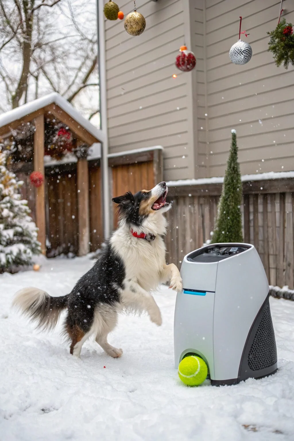 Energetic dog fetching ball from automatic launcher in snowy yard, trendy dog Christmas gift.