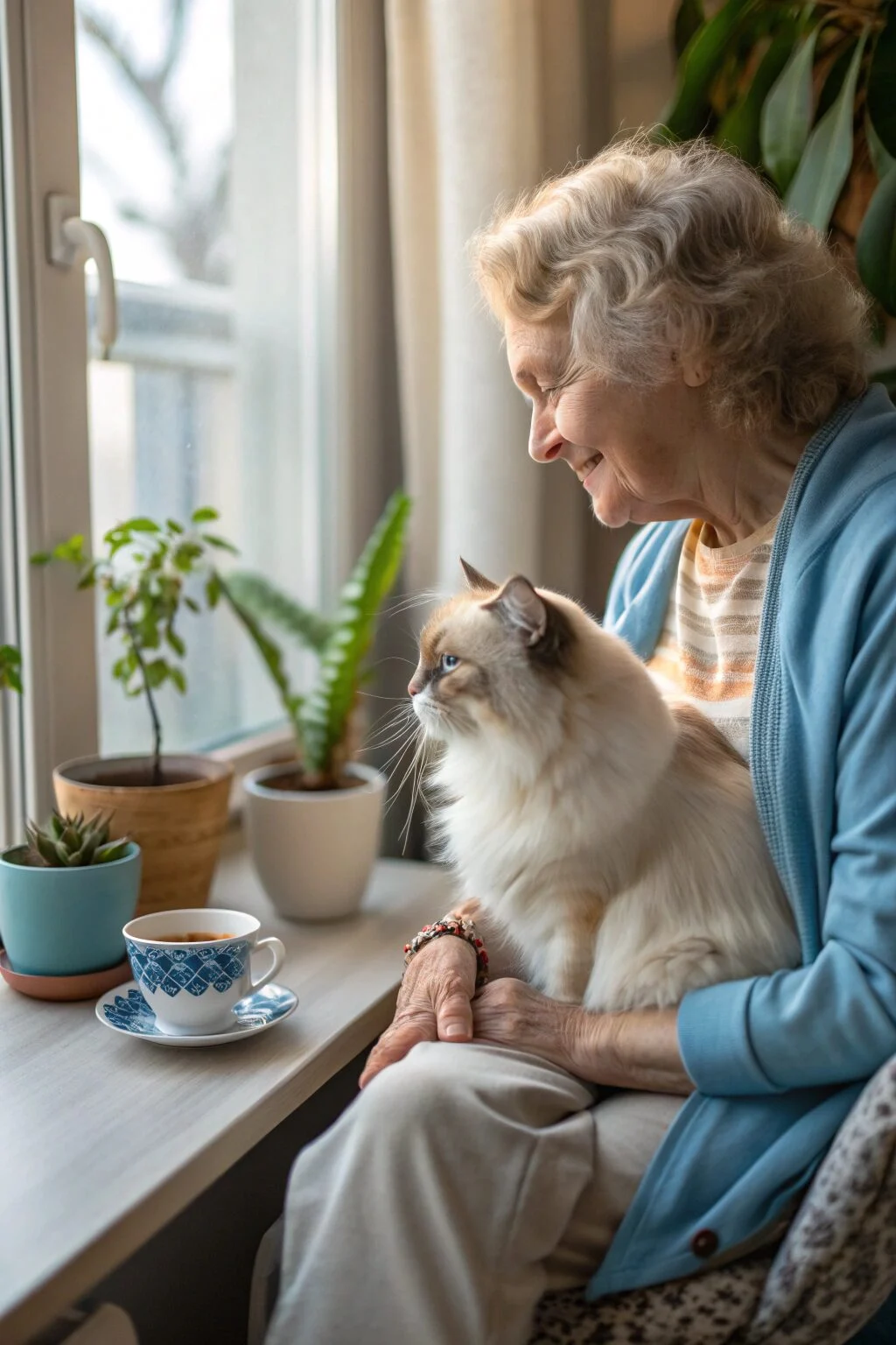 Senior woman cuddling a blue-eyed Birman cat with soft, silky fur in a peaceful home.