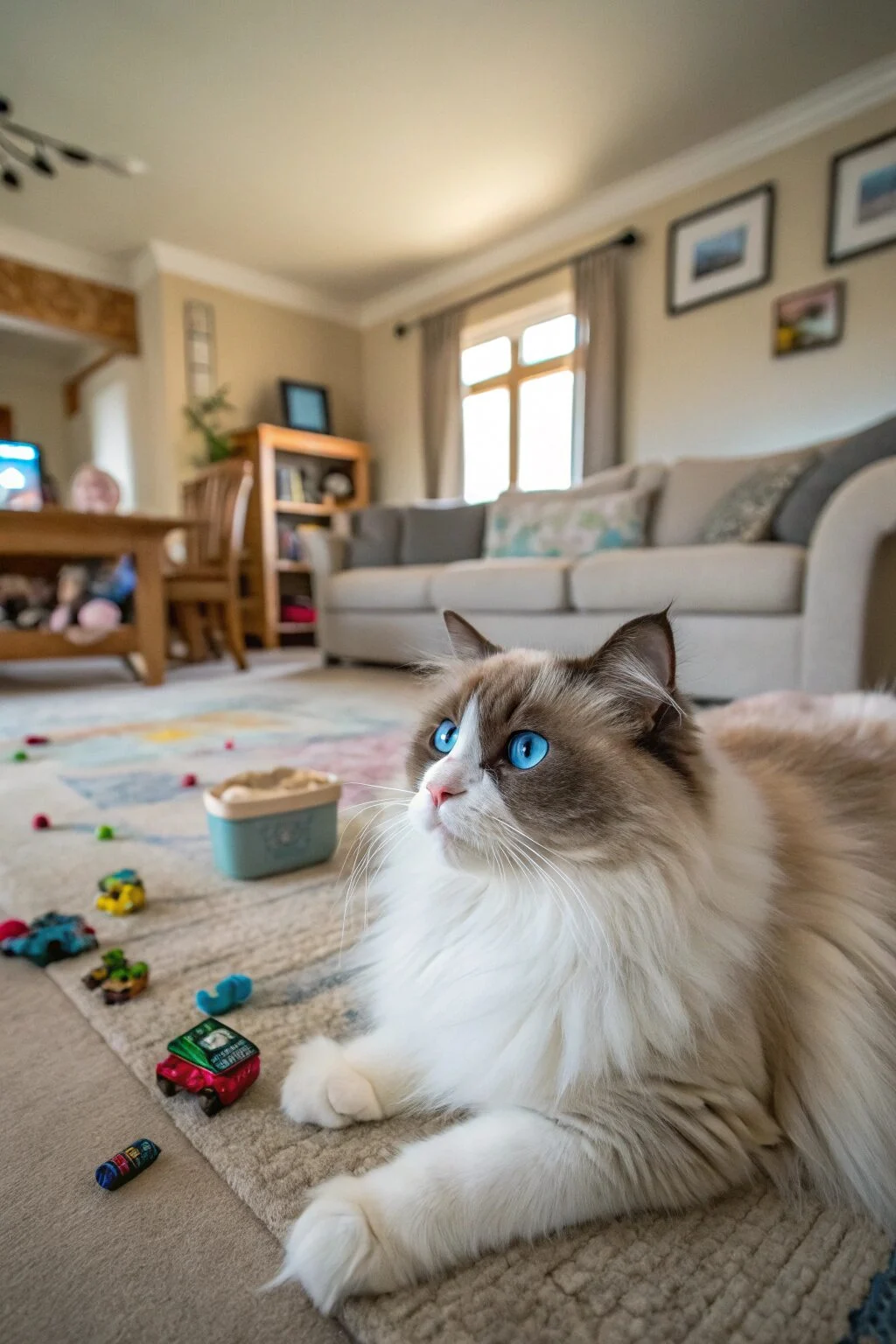 Large Ragdoll cat with blue eyes and silky coat, lying relaxed in a family living room, calm and cuddly personality.