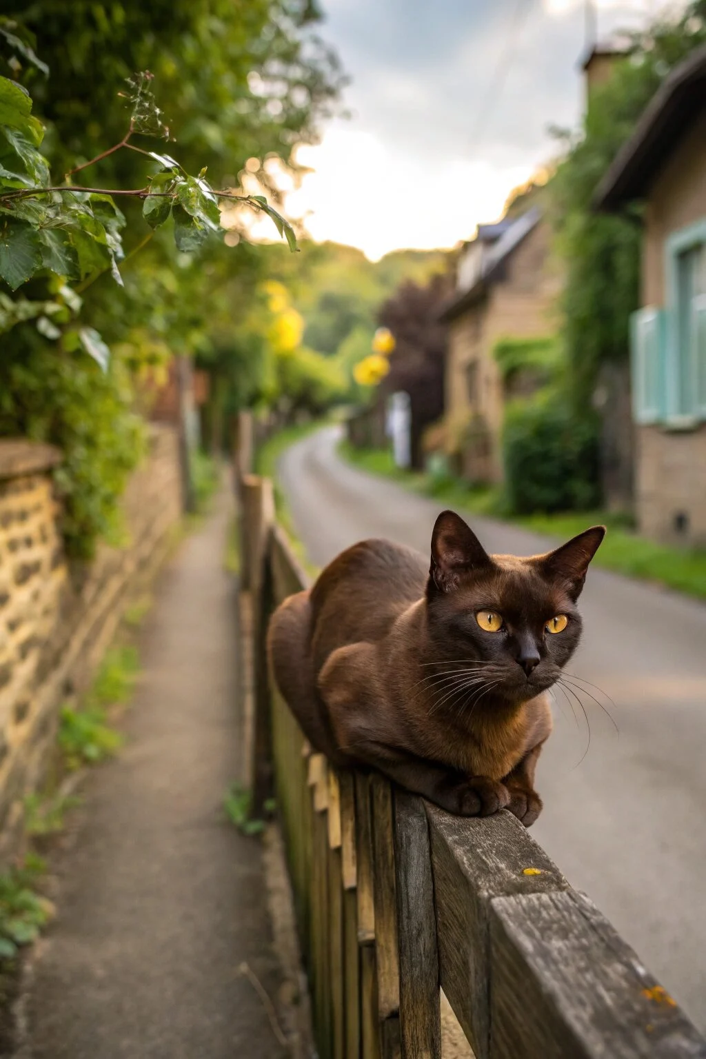 Glossy brown Burmese cat with golden eyes, sitting close to its owner, loyal and affectionate with a playful personality.