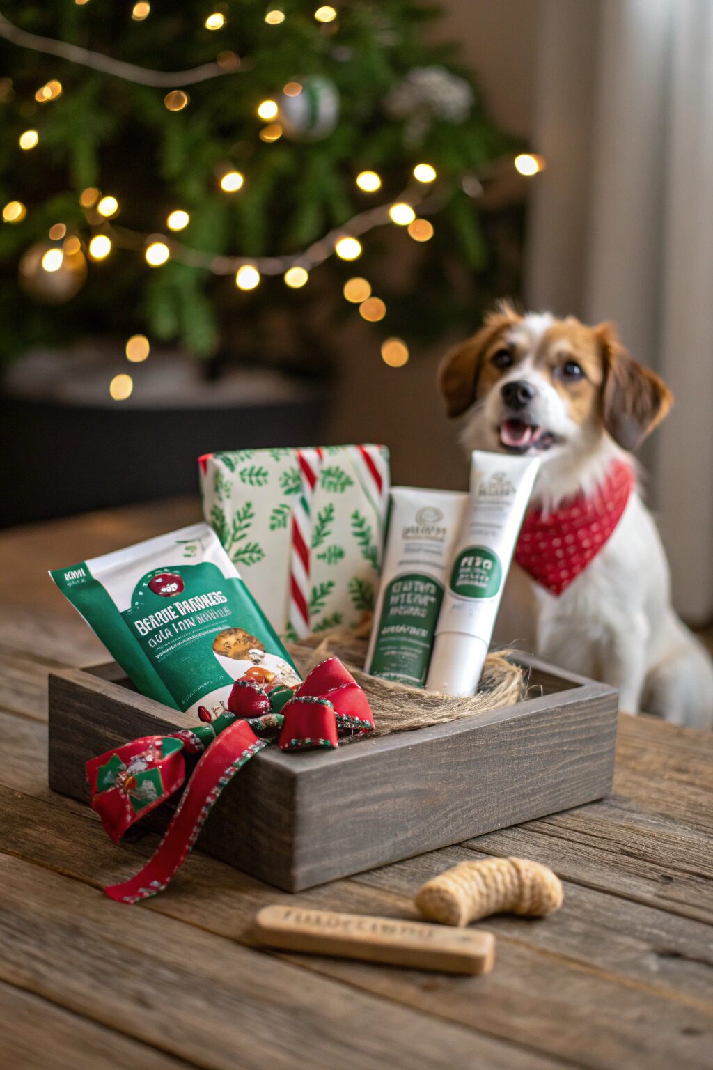 Dog dental care gift bundle with chews and toothpaste on holiday table