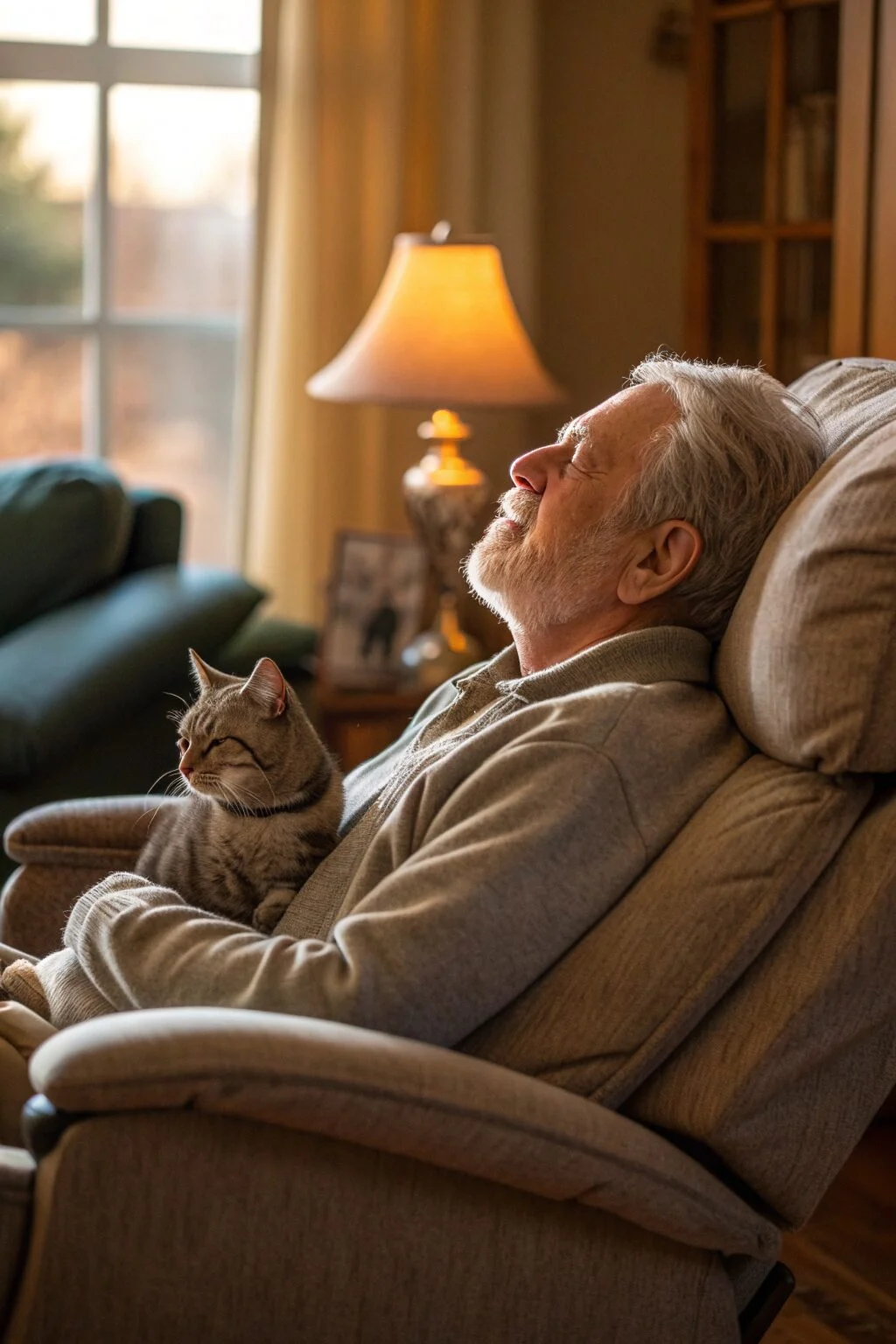 Scottish Fold cat with folded ears sitting on senior man’s lap in a calm, cozy setting.