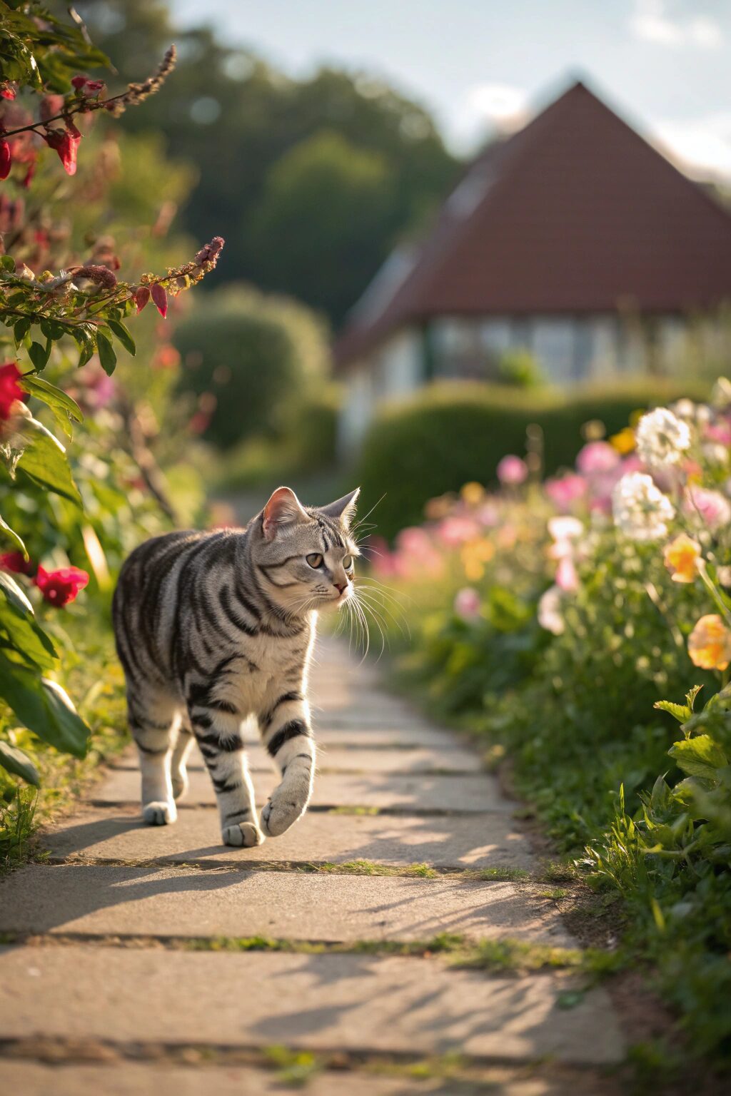 Silver tabby American Shorthair cat walking in a sunny garden, short dense coat and calm affectionate nature.