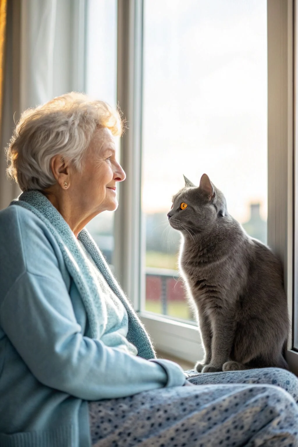 Chartreux cat with blue-gray fur and golden eyes near a window.