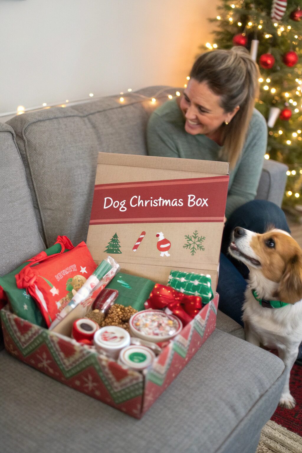 Dog opening a Christmas subscription box filled with treats and toys
