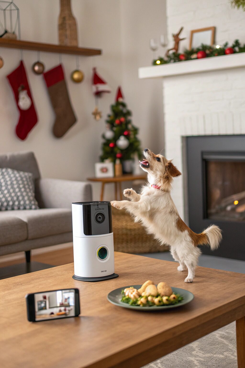 Smart pet camera tossing treats to dog in decorated living room