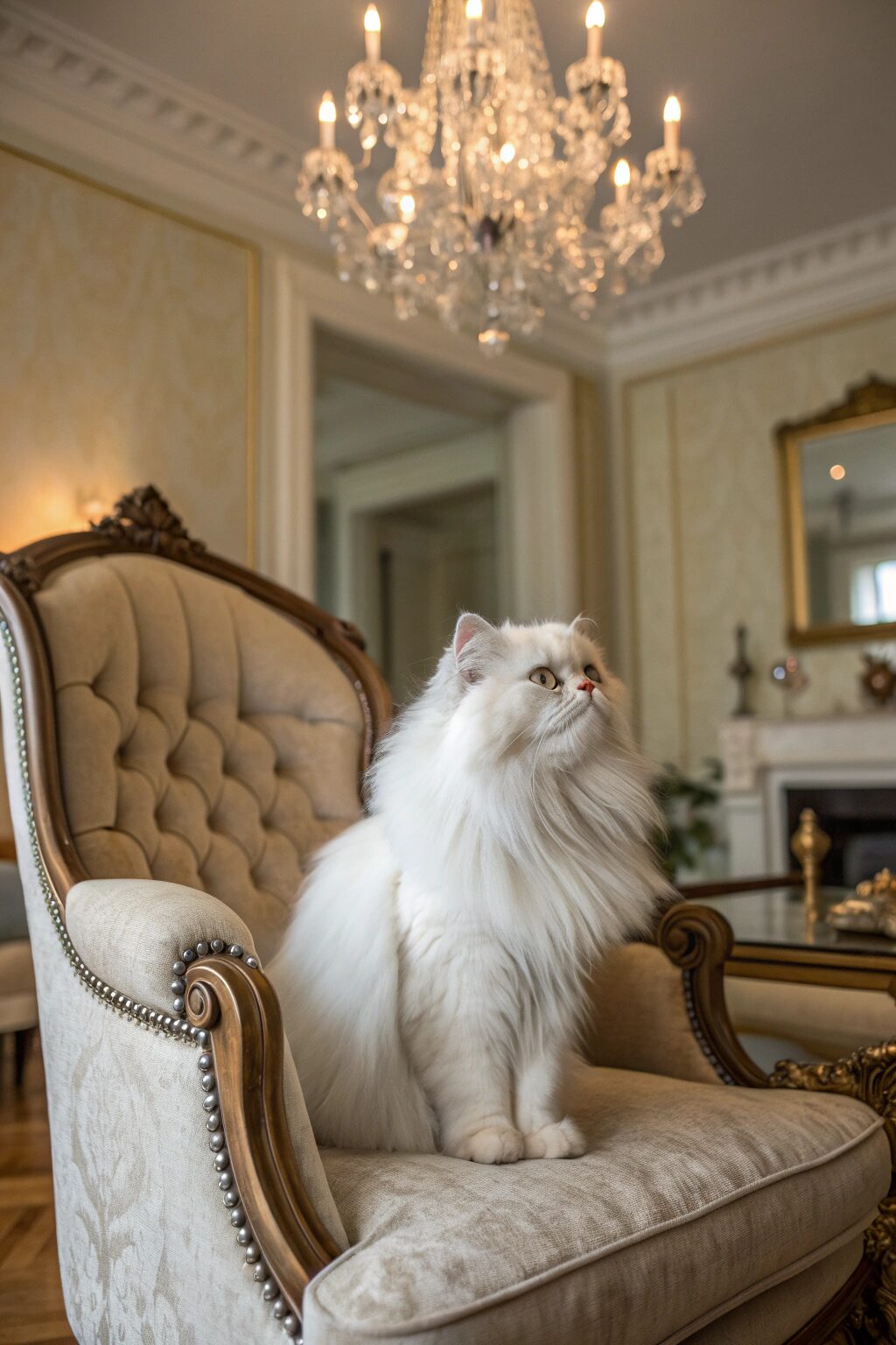 Fluffy white Persian cat with long thick coat, sitting regally on a velvet chair, gentle and peaceful demeanor.