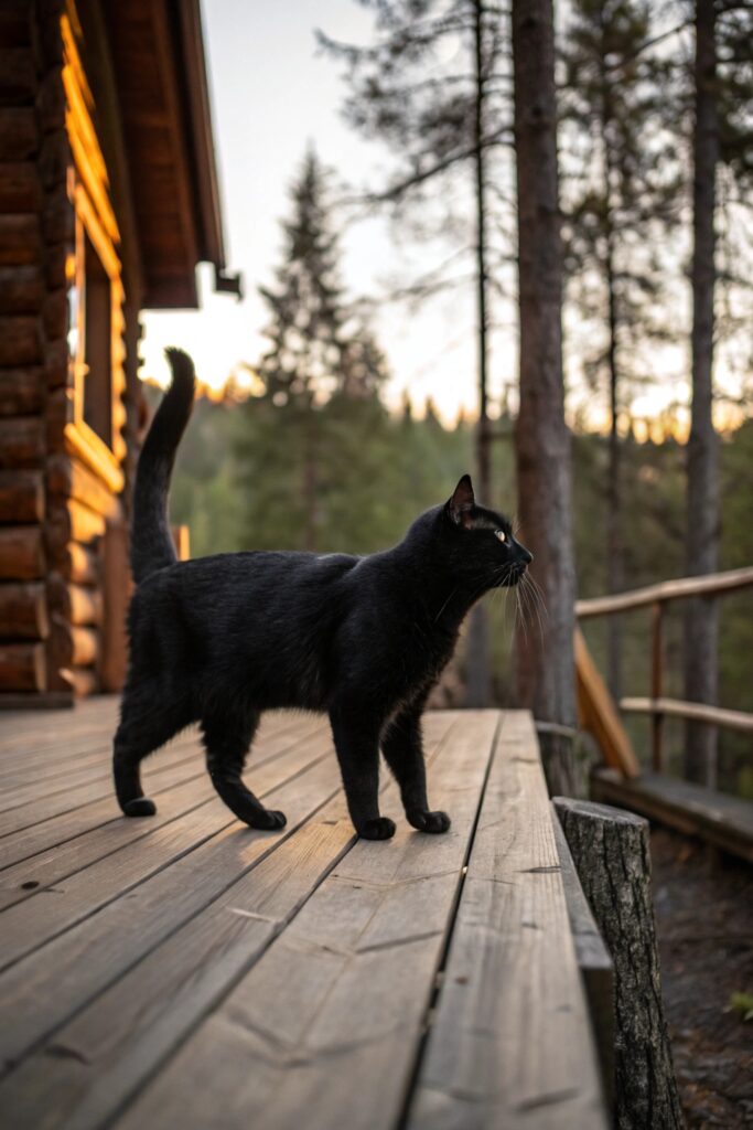 Black American Bobtail cat standing on a porch railing, short tail visible against a forest backdrop.