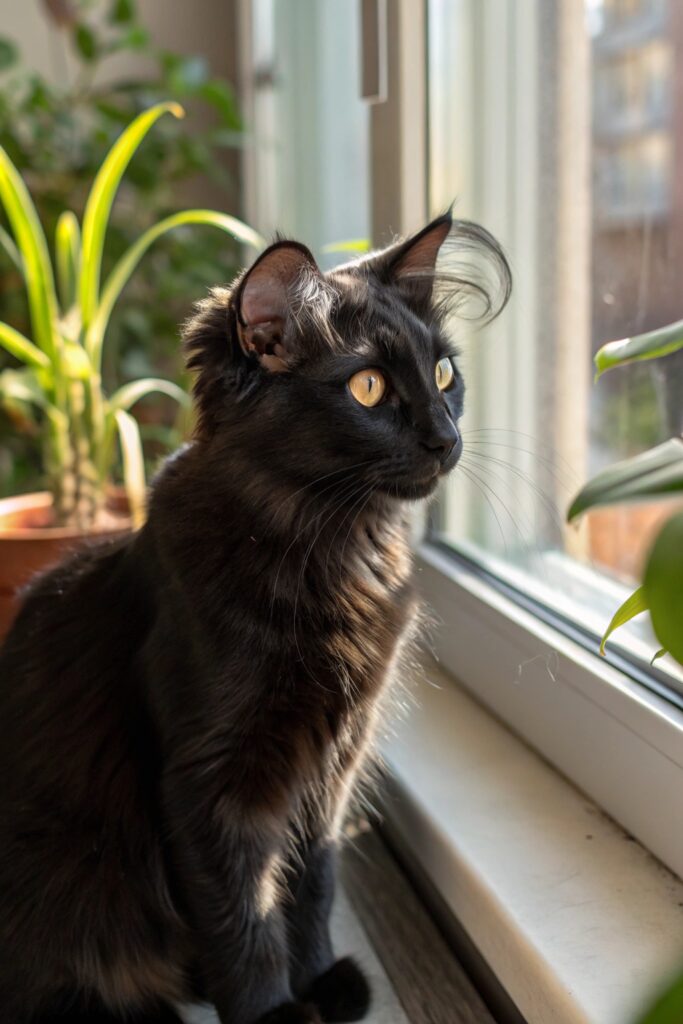 Black American Curl cat with backward-curved ears sitting near a window in gentle daylight.