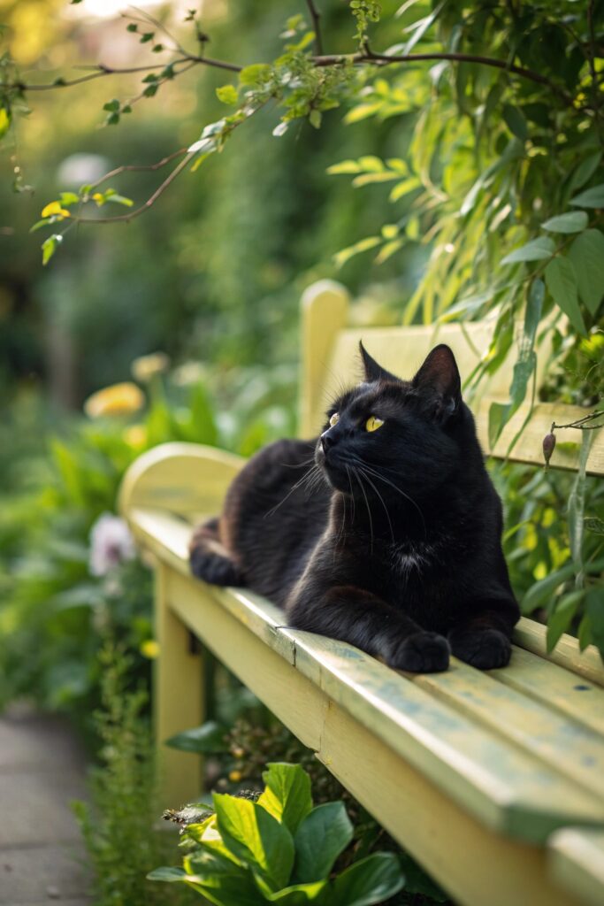 Black American Shorthair cat resting near a window with sunlight highlighting its smooth, dense coat.