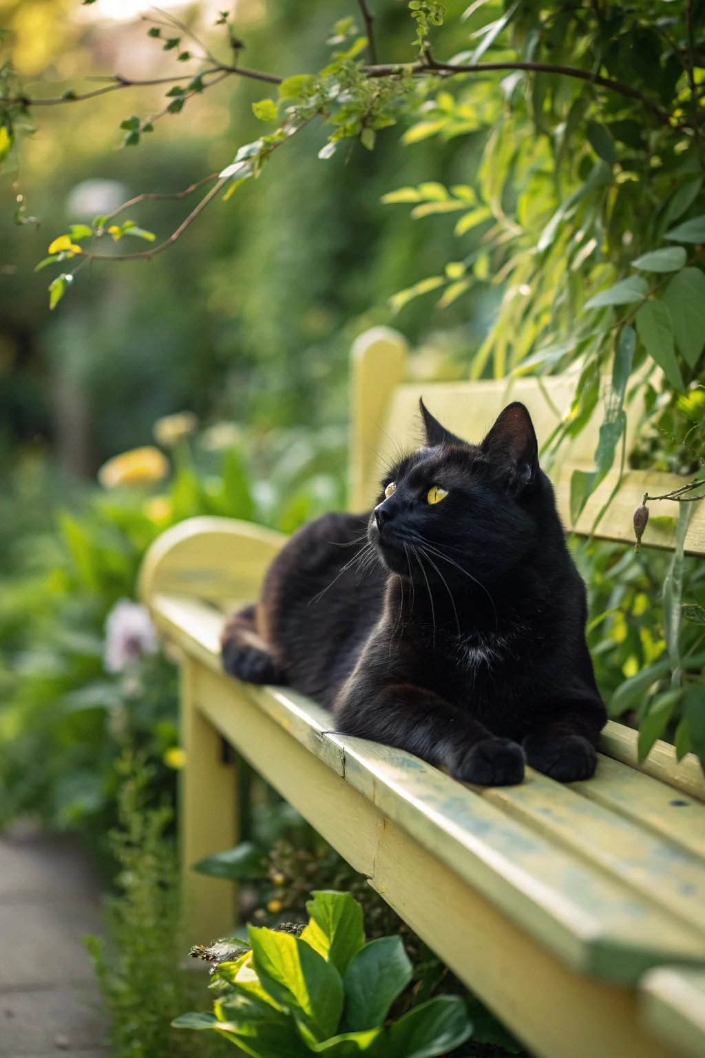 Black American Shorthair cat resting near a window with sunlight highlighting its smooth, dense coat.