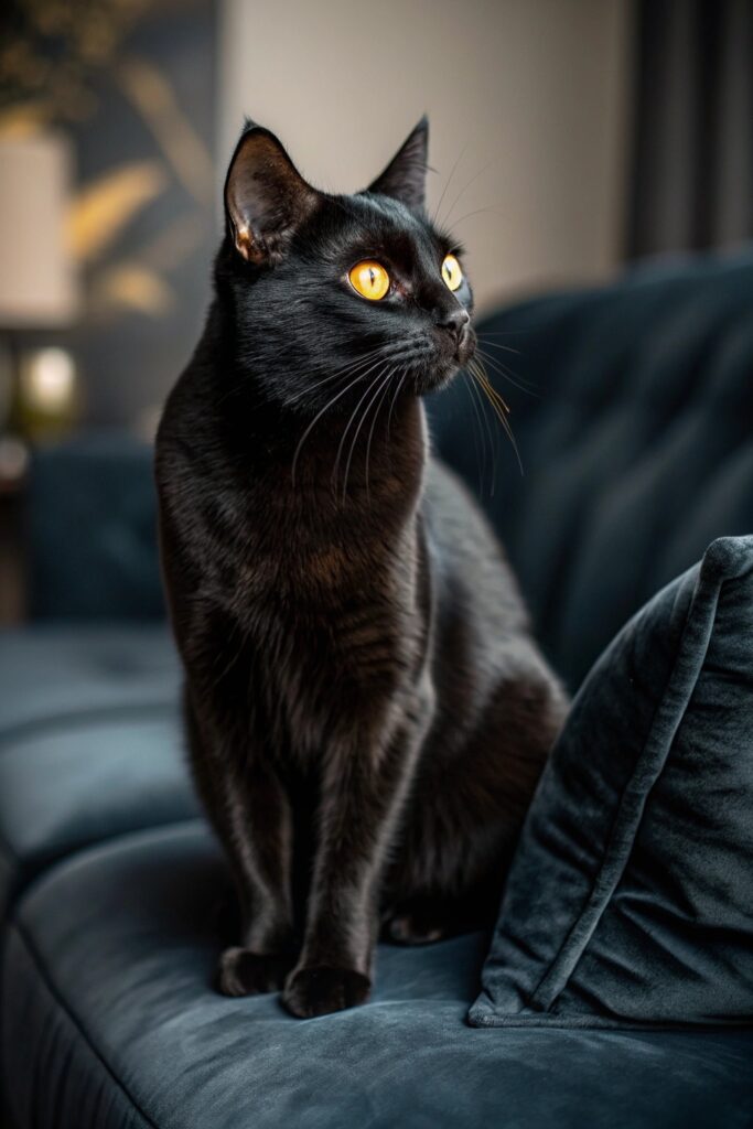 Glossy black Bombay cat lounging on a modern sofa, resembling a tiny panther with piercing copper eyes.