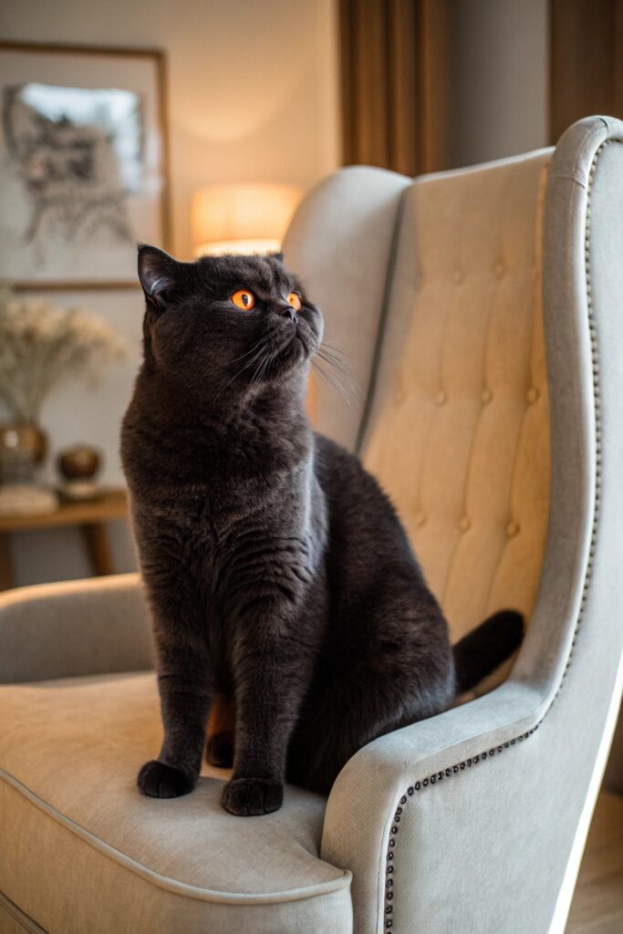 Chubby black British Shorthair cat lying calmly on a soft blanket, showing its plush round face.