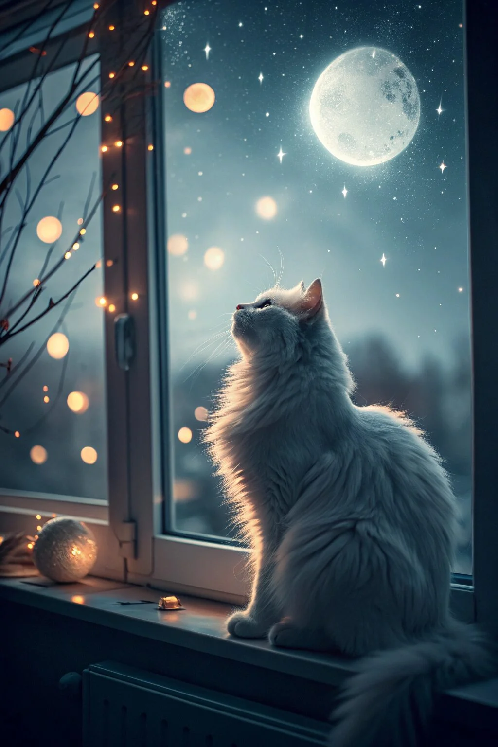 cat under starry night sky with glowing constellations.