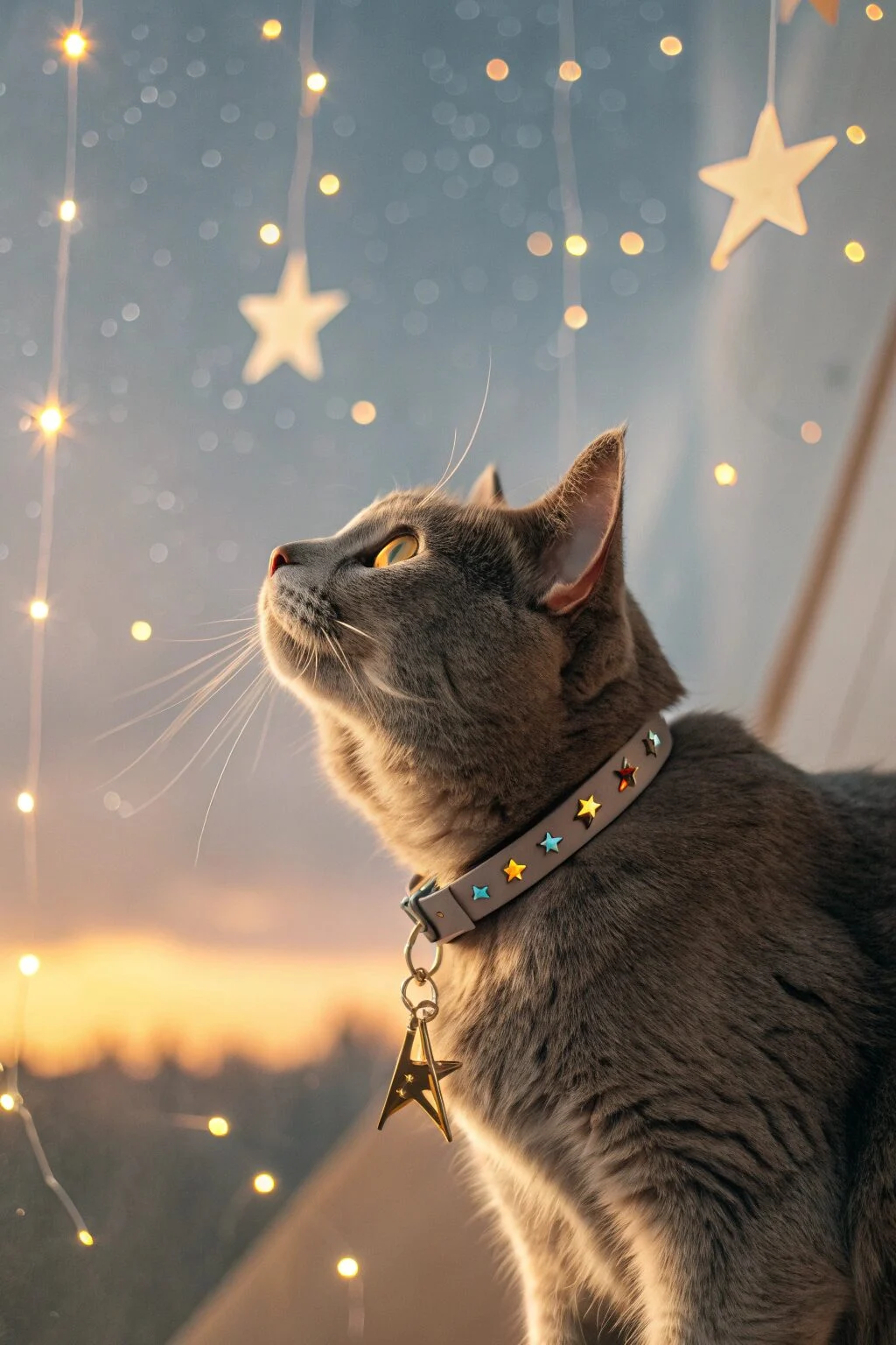 Gray cat wearing constellation charm collar with soft golden lighting and star map backdrop.
