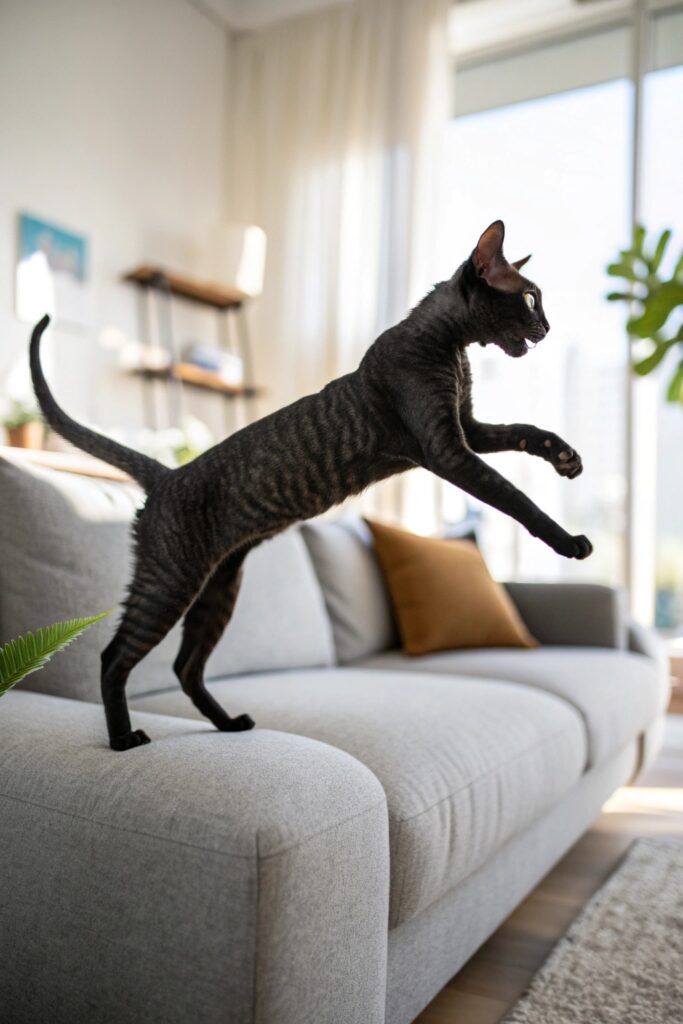 Black Cornish Rex cat with wavy fur stretching playfully on a cozy indoor rug.