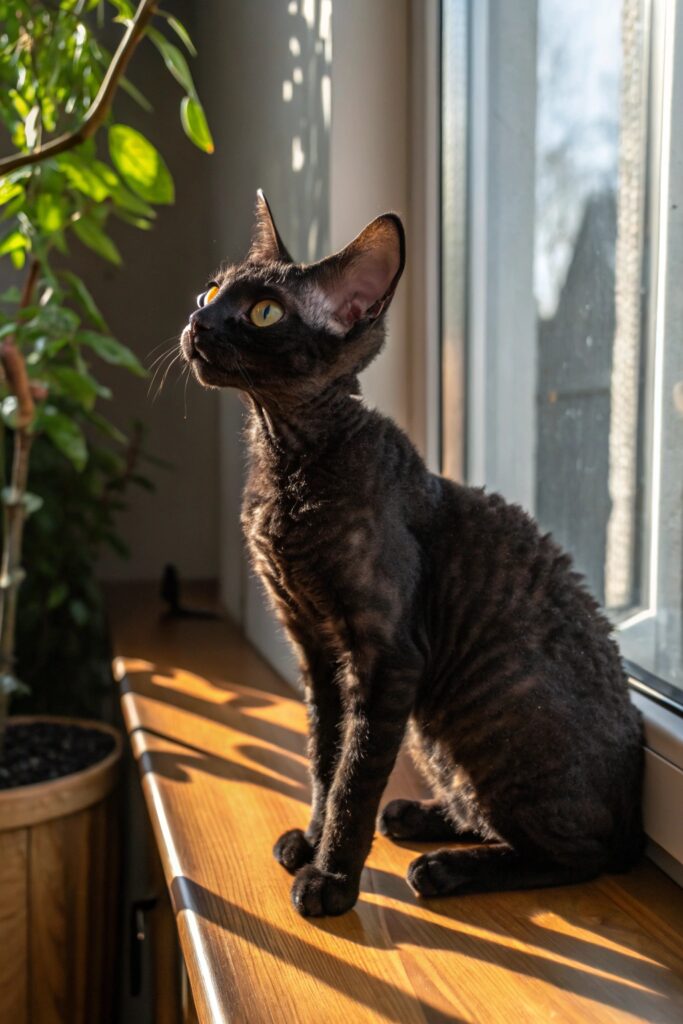 Curly-haired black Devon Rex cat perched on a bookshelf, gazing curiously into the room.
