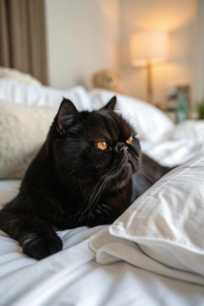 Black Exotic Shorthair cat curled up on a cozy sofa, resembling a plush toy with its short snout.